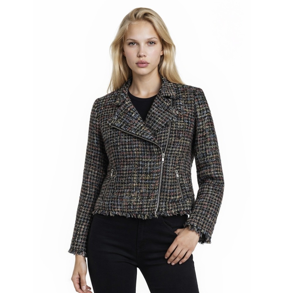 CeCe Jacket Coat Women's Size 8 Multicolor Tweed Moto Fringe Trim Asym Zip